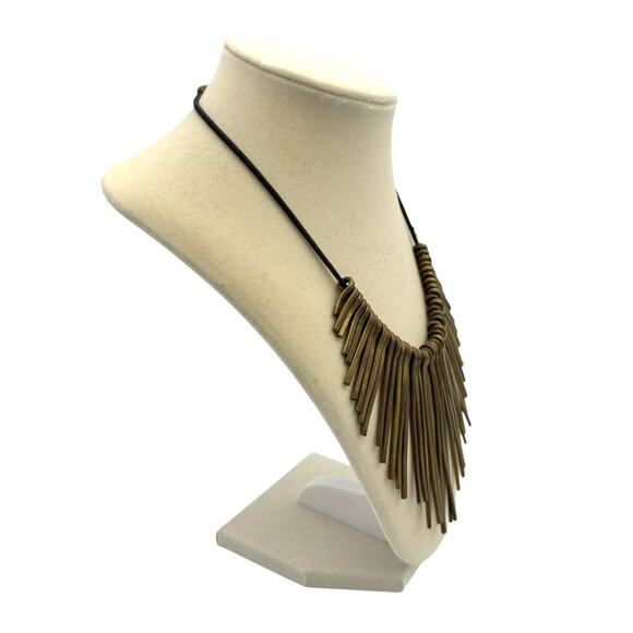 Brass Tone Spike Pins Leather Cord Statement Bib Necklace Unbranded Egyptian - Picture 3 of 8